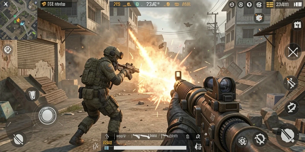Screenshot 234E menampilkan aksi mendebarkan di medan pertempuran FPS.