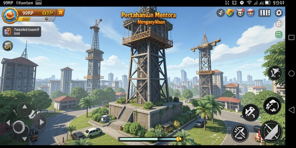 Tampilan menara defend di dalam game 99RP yang seru.