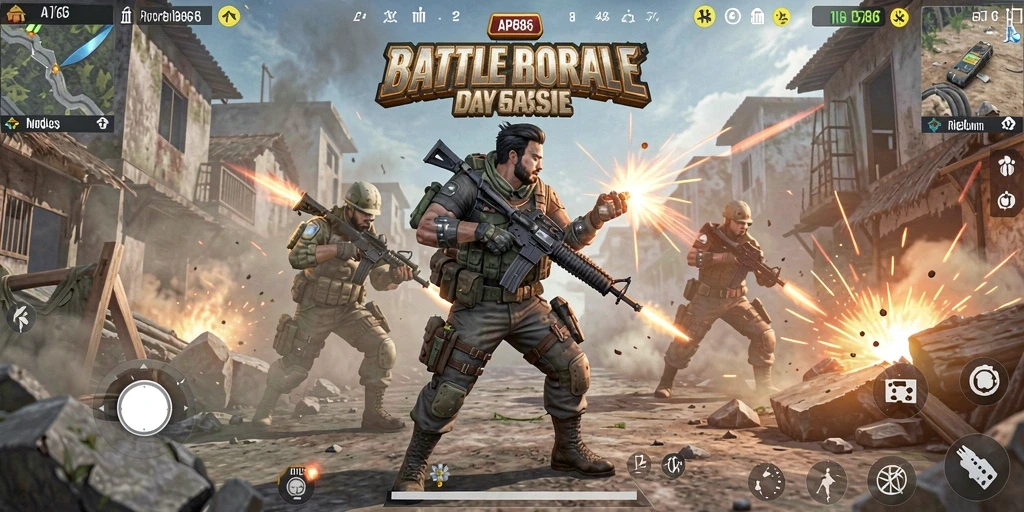 Tangkapan layar dari gameplay Battle Royale yang intens.