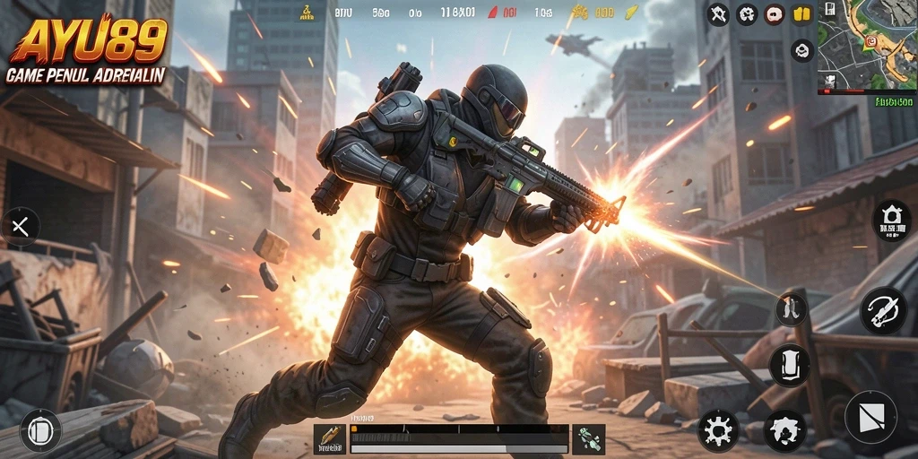Tampilan aksi seru dari game AYU89 dengan karakter berjuang.