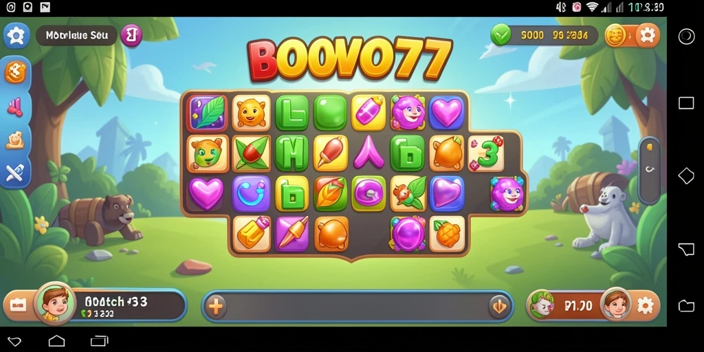Screenshot utama BOWO77 menunjukkan gameplay menarik Match-3 dengan permata berwarna.