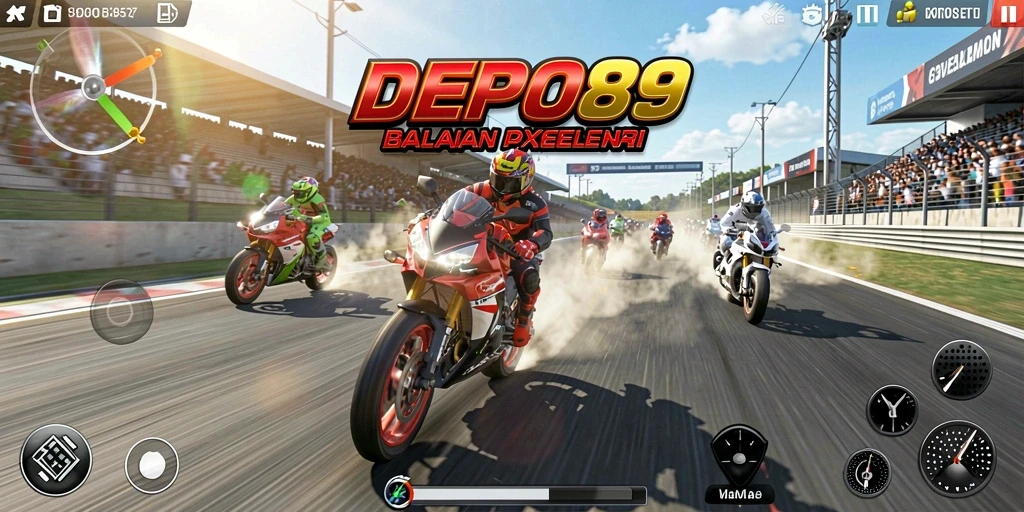 Gameplay seru dalam DEPO89 dengan balapan motor yang menegangkan.
