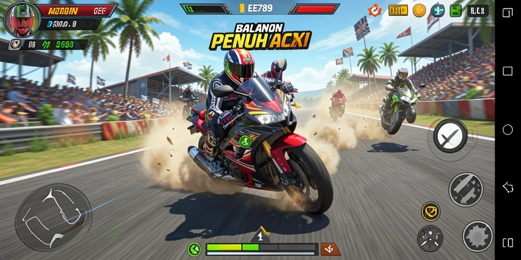 Screenshot gameplay EE789 menampilkan balapan motor yang seru.