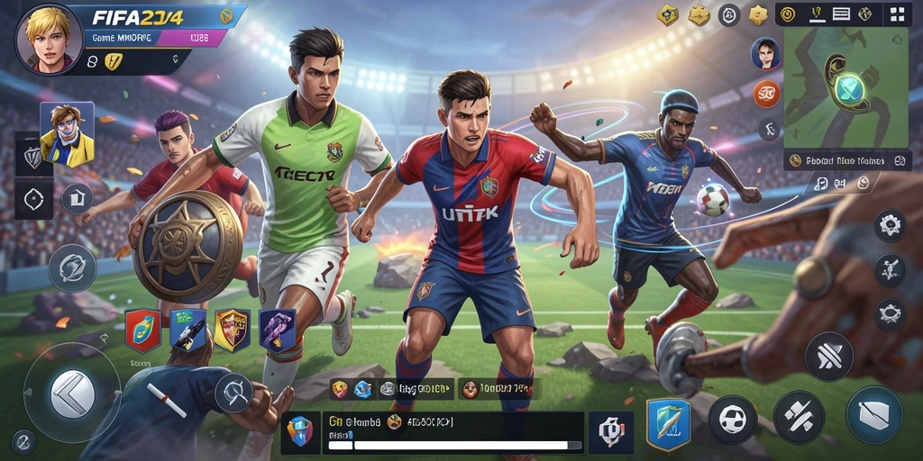 Screenshot utama FIFA234 yang menunjukkan pertempuran seru di dunia MMORPG.
