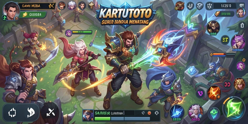 Screenshot utama KARTUTOTO menampilkan aksi spektakuler di arena MOBA.