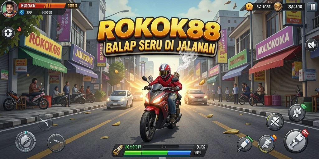 Screenshot menunjukkan aksi balap seru dalam ROKOK88 di jalanan.