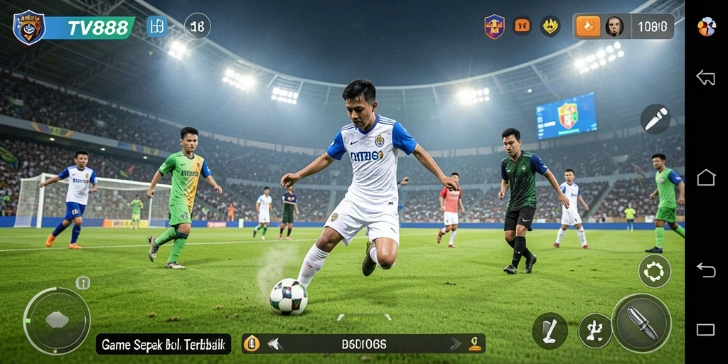 Tangkapan layar utama TV888 menampilkan aksi mendebarkan di lapangan sepak bola.