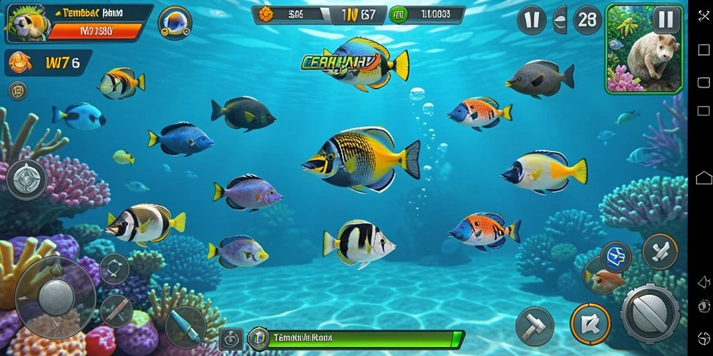 Gameplay W67 menunjukkan aksi menembak ikan yang seru.